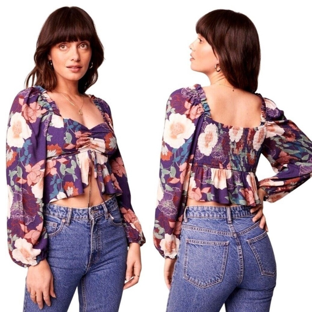 BAND OF THE FREE Floriane purple floral boho square shoulder crop blouse NWT L